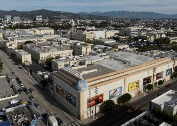 An aerial view shows Paramount Pictures in Los Angeles, Thursday, Dec. 18, 2025. (AP Photo/Jae C. Hong)