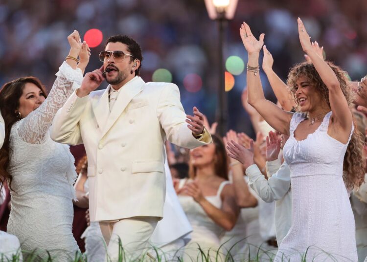 Bad Bunny performs during halftime of Super Bowl LX
