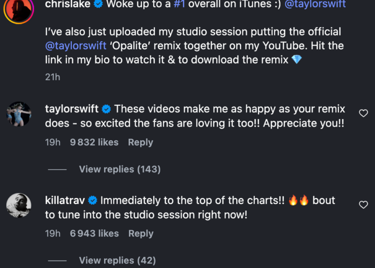 Travis Kelce and Taylor Swift's comments on Chris Lake's post