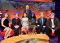 From left, Taylor Swift, Cillian Murphy, Greta Lee, Jodie Turner-Smith, Domhnall Gleeson and Lewis Capaldi with host Graham Norton during filming in October 2025 (Matt Crossick/PA Media Assignments/PA)