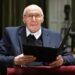 Hungarian composer Gyorgy Kurtag looks on as he holds his 'Doctor Honoris Causa' he received from the University 'Liszt Ferenc Academy of Music' in Budapest in February 2026
