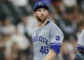 Jul 28, 2024; Chicago, Illinois, USA; Kansas City Royals starting pitcher Alec Marsh (48) leaves a baseball game against the Chicago White Sox during the fifth inning at Guaranteed Rate Field. Mandatory Credit: Kamil Krzaczynski-Imagn Images