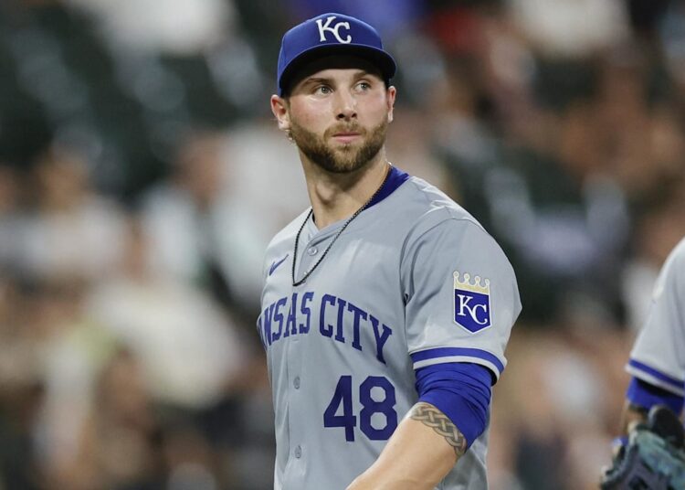 Jul 28, 2024; Chicago, Illinois, USA; Kansas City Royals starting pitcher Alec Marsh (48) leaves a baseball game against the Chicago White Sox during the fifth inning at Guaranteed Rate Field. Mandatory Credit: Kamil Krzaczynski-Imagn Images