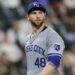Jul 28, 2024; Chicago, Illinois, USA; Kansas City Royals starting pitcher Alec Marsh (48) leaves a baseball game against the Chicago White Sox during the fifth inning at Guaranteed Rate Field. Mandatory Credit: Kamil Krzaczynski-Imagn Images