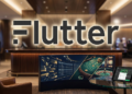 Flutter Entertainment branding over a casino-style sportsbook setting with betting screens and a tablet showing an online wagering interface.