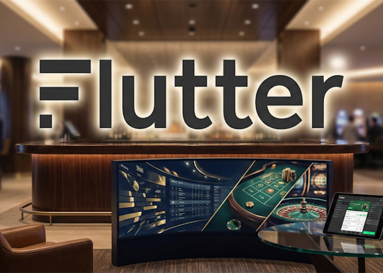 Flutter Entertainment branding over a casino-style sportsbook setting with betting screens and a tablet showing an online wagering interface.