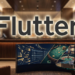 Flutter Entertainment branding over a casino-style sportsbook setting with betting screens and a tablet showing an online wagering interface.