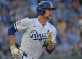 Jul 9, 2025; Kansas City, Missouri, USA;  Kansas City Royals right fielder Jac Caglianone (14) runs the bases after hitting a two-run home run in the fourth inning against the Pittsburgh Pirates at Kauffman Stadium. Mandatory Credit: Peter Aiken-Imagn Images
