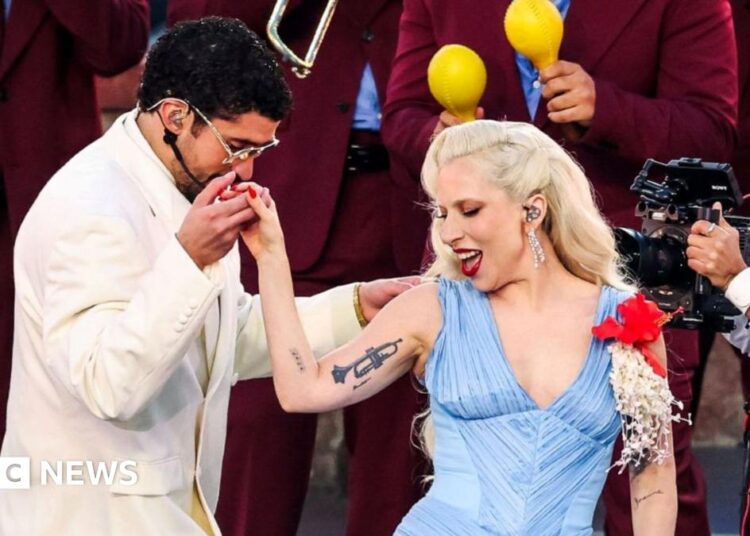 Bad Bunny performs onstage during the Apple Music Super Bowl