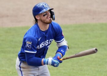 Kansas City Royals' Bobby Witt Jr. watches his two-run home run off Tampa Bay Rays pitcher Shane Baz during the fifth inning of a baseball game Thursday, May 1, 2025, in Tampa, Fla. (AP Photo/Chris O'Meara)