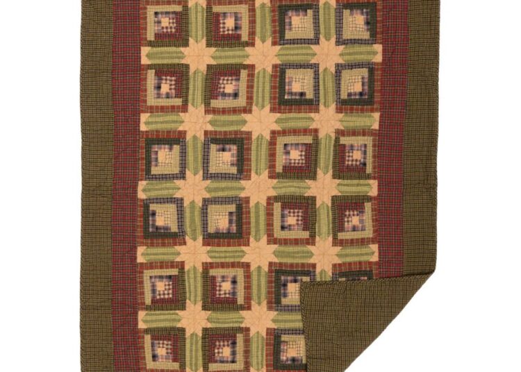 Olive green and maroon patterned quilt