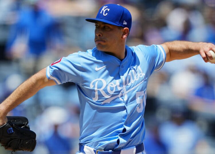 May 8, 2025; Kansas City, Missouri, USA; Kansas City Royals starting pitcher Kris Bubic (50) pitches during the first inning against the Chicago White Sox at Kauffman Stadium. Mandatory Credit: Jay Biggerstaff-Imagn Images