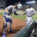 Kansas City Royals first baseman Eric Hosmer, left, congratulated Terrance Gore after Gore scored on a double by Alcides Escobar for the go-ahead run in the ninth inning of an ALCS game against the Orioles at Camden Yards in Baltimore, Maryland on Oct. 11, 2014.