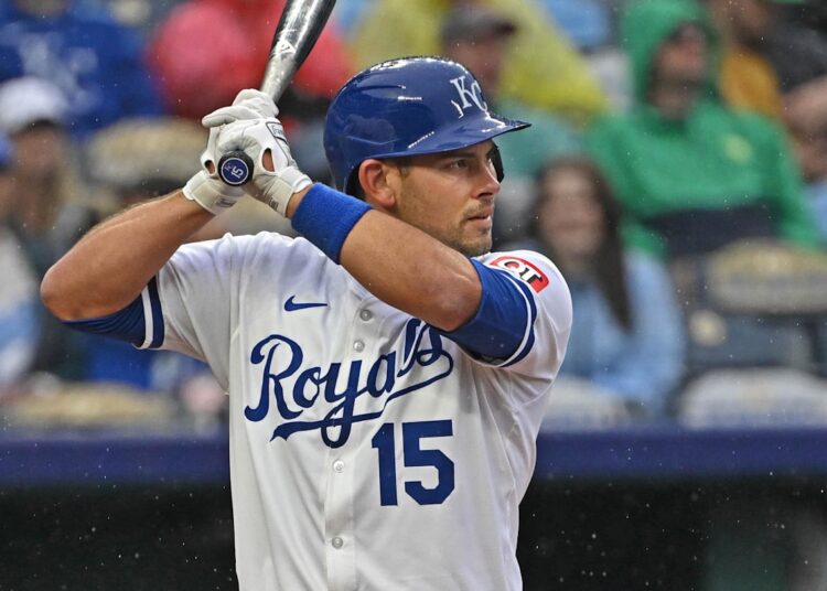 May 7, 2025; Kansas City, Missouri, USA;  Kansas City Royals catcher Luke Maile (15) at bat in the third inning against the Chicago White Sox at Kauffman Stadium. Mandatory Credit: Peter Aiken-Imagn Images