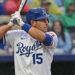 May 7, 2025; Kansas City, Missouri, USA;  Kansas City Royals catcher Luke Maile (15) at bat in the third inning against the Chicago White Sox at Kauffman Stadium. Mandatory Credit: Peter Aiken-Imagn Images