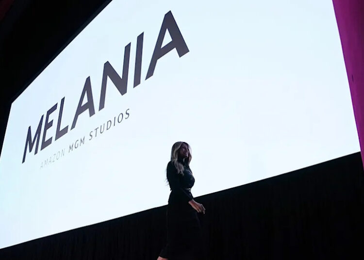 Screen with "Melania" written on it ahread of the documentary's premere at the Kenny Center