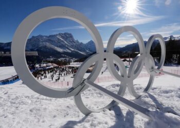 Olympic rings are seen ahead of an alpine ski women's downhill race, at the 2026 Winter Olympics, in Cortina d'Ampezzo, Italy, Sunday, Feb. 8, 2026. (AP Photo/Robert F. Bukaty)