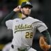 May 1, 2025; Arlington, Texas, USA; Athletics relief pitcher Mitch Spence (28) pitches against the Texas Rangers during the seventh inning at Globe Life Field. Mandatory Credit: Jerome Miron-Imagn Images