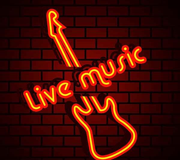 A neon sign of live music on a wall