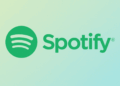 The Spotify logo, featuring a green circle with three curved lines inside, next to the word Spotify in green text, set against a professional flat design background with soft green and blue gradients and subtle geometric patterns.