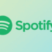 The Spotify logo, featuring a green circle with three curved lines inside, next to the word Spotify in green text, set against a professional flat design background with soft green and blue gradients and subtle geometric patterns.