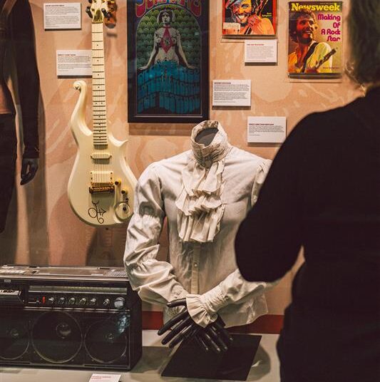 Prince's famous ruffled shirt on display at the Folk American Roots Hall of Fame.
