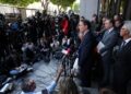 Los Angeles County District Attorney Nathan Hochman speaking with reporters after Nick Reiner's arraignment outside of a Los Angeles courthouse on Monday.