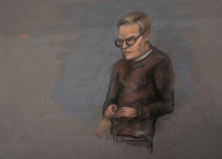 A court sketch shows Marius Borg Høiby during the first day of the trial against him on Tuesday, which took place at the Oslo District Court in Norway.