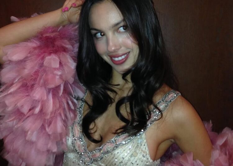 A person dressed in a glamorous outfit with a tiara and feather boa.