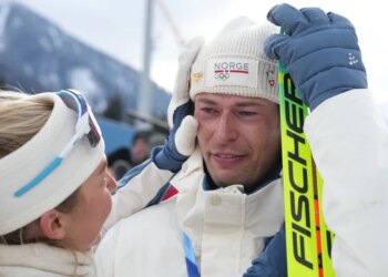 Sturla Holm Laegreid, of Norway, reacts after he won bronze.