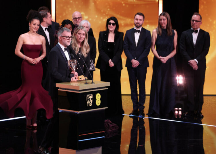 One Battle After Another's team accepting the Best Film gong at the 2026 EE BAFTA Film Awards