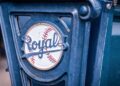 Apr 16, 2023; Kansas City, Missouri, USA; Logo on stadium seats prior to the game between the Kansas City Royals and the Atlanta Braves at Kauffman Stadium. Mandatory Credit: William Purnell-Imagn Images