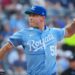 Jul 26, 2025; Kansas City, Missouri, USA; Kansas City Royals starting pitcher Kris Bubic (50) delivers a pitch against the Cleveland Guardians during the first inning at Kauffman Stadium. Mandatory Credit: Denny Medley-Imagn Images