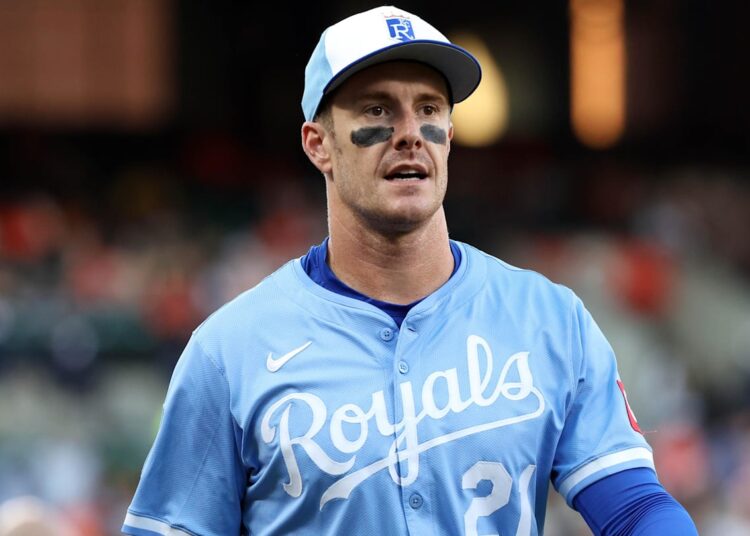May 2, 2025; Baltimore, Maryland, USA; Kansas City Royals first baseman Mark Canha (21) looks on before a game against the Baltimore Orioles at Oriole Park at Camden Yards. Mandatory Credit: Daniel Kucin Jr.-Imagn Images
