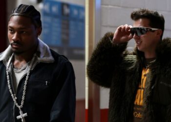 Stefon Diggs and Tommy DeVito arrive at the 2026 Super Bowl in layered tunnel fits.