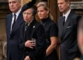 Andrew Mountbatten-Windsor; Princess Anne; Sophie, Duchess of Edinburgh; and Prince Edward in 2022 at the funeral of Queen Elizabeth II