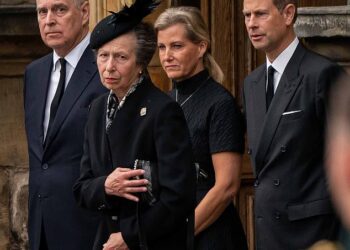 Andrew Mountbatten-Windsor; Princess Anne; Sophie, Duchess of Edinburgh; and Prince Edward in 2022 at the funeral of Queen Elizabeth II