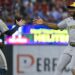 Sep 20, 2025; St. Louis, Missouri, USA; Milwaukee Brewers first baseman Andruw Monasterio (14) celebrates with third baseman Caleb Durbin (21) after the Brewers defeated the St. Louis Cardinals at Busch Stadium. Mandatory Credit: Jeff Curry-Imagn Images