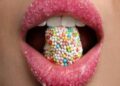 Bathroom Wall Art Decor for Bedroom Living Room Small Canvas Wall Art Framed Young Woman Beautiful Lips Covered Sugar Eating Candy Closeup Prints Artwork Painting Pictures Kitchen Office