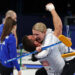 Korey Dropkin and Cory Thiesse of Team USA celebrate winning the Curling Mixed Doubles Semi-final against Amos Mosaner and Stefania Constantini of Italy on Feb. 9, 2026.