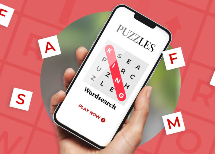 Cut-out of iPhone with a wordsearch on the screen against a red background