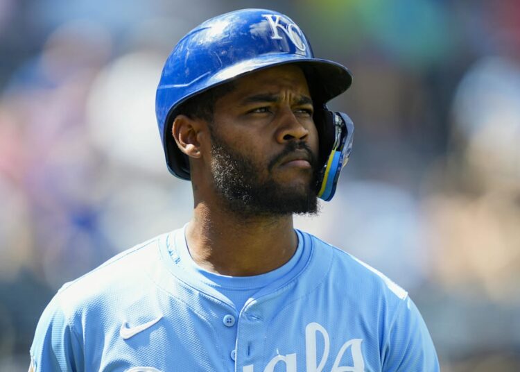 Aug 21, 2025; Kansas City, Missouri, USA; Kansas City Royals third baseman Maikel Garcia (11) reacts during the sixth inning against the Texas Rangers at Kauffman Stadium. Mandatory Credit: Jay Biggerstaff-Imagn Images