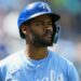 Aug 21, 2025; Kansas City, Missouri, USA; Kansas City Royals third baseman Maikel Garcia (11) reacts during the sixth inning against the Texas Rangers at Kauffman Stadium. Mandatory Credit: Jay Biggerstaff-Imagn Images