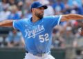 Sep 21, 2025; Kansas City, Missouri, USA; Kansas City Royals starting pitcher Michael Wacha (52) delivers a pitch against the Toronto Blue Jays during the first inning at Kauffman Stadium. Mandatory Credit: Denny Medley-Imagn Images
