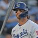 Sep 2, 2025; Kansas City, Missouri, USA;  Kansas City Royals shortstop Bobby Witt Jr. (7) walks back to the dugout after being called out on strikes in the first inning against the Los Angeles Angels at Kauffman Stadium. Mandatory Credit: Peter Aiken-Imagn Images