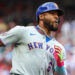 Aug 22, 2025; Cumberland, Georgia, USA; New York Mets outfielder Starling Marte (6) runs to first base after a hit against the Atlanta Braves during he first inning at Truist Park. Mandatory Credit: Jordan Godfree-Imagn Images