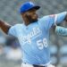 Aug 13, 2025; Kansas City, Missouri, USA; Kansas City Royals starting pitcher Luinder Avila (58) pitches during the eighth inning against the Washington Nationals at Kauffman Stadium. Mandatory Credit: Jay Biggerstaff-Imagn Images