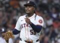 Aug 27, 2025; Houston, Texas, USA; Houston Astros starting pitcher Framber Valdez (59) reacts after a double play during the sixth inning against the Colorado Rockies at Daikin Park. Mandatory Credit: Troy Taormina-Imagn Images