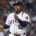 Aug 27, 2025; Houston, Texas, USA; Houston Astros starting pitcher Framber Valdez (59) reacts after a double play during the sixth inning against the Colorado Rockies at Daikin Park. Mandatory Credit: Troy Taormina-Imagn Images