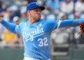 Sep 18, 2025; Kansas City, Missouri, USA; Kansas City Royals starting pitcher Stephen Kolek (32) delivers a pitch against the Seattle Mariners during the first inning at Kauffman Stadium. Mandatory Credit: Denny Medley-Imagn Images